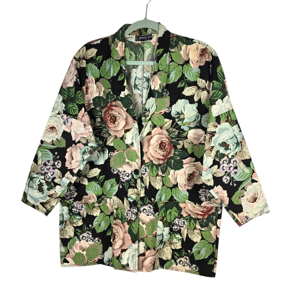 Jinny Jin Womens Vintage Floral Rose Print Oversized Boxy Blazer Jacket Black M